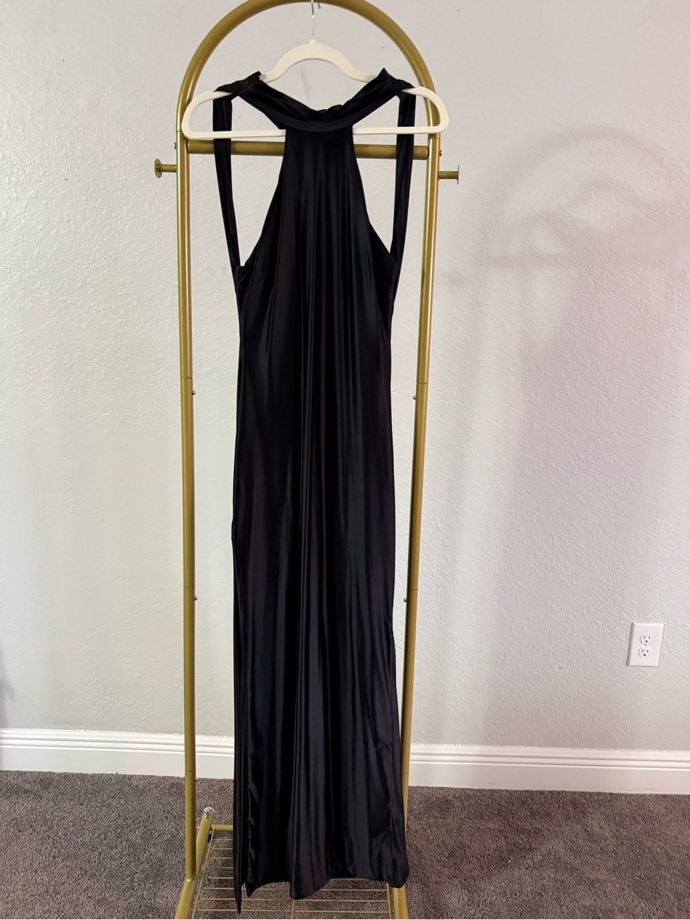 Black Halter Maxi Dress Ruched Bodycon Cutout Open Back High Slit Women’s L - Picture 2 of 4